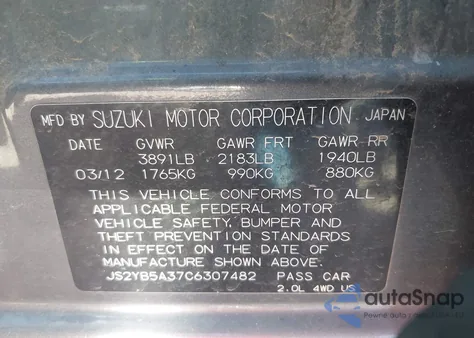 2012 Suzuki Sx4 Premium/Tech Valu Pkg (Nav) z USA, uszkodzony, nr VIN JS2YB5A37C6307482